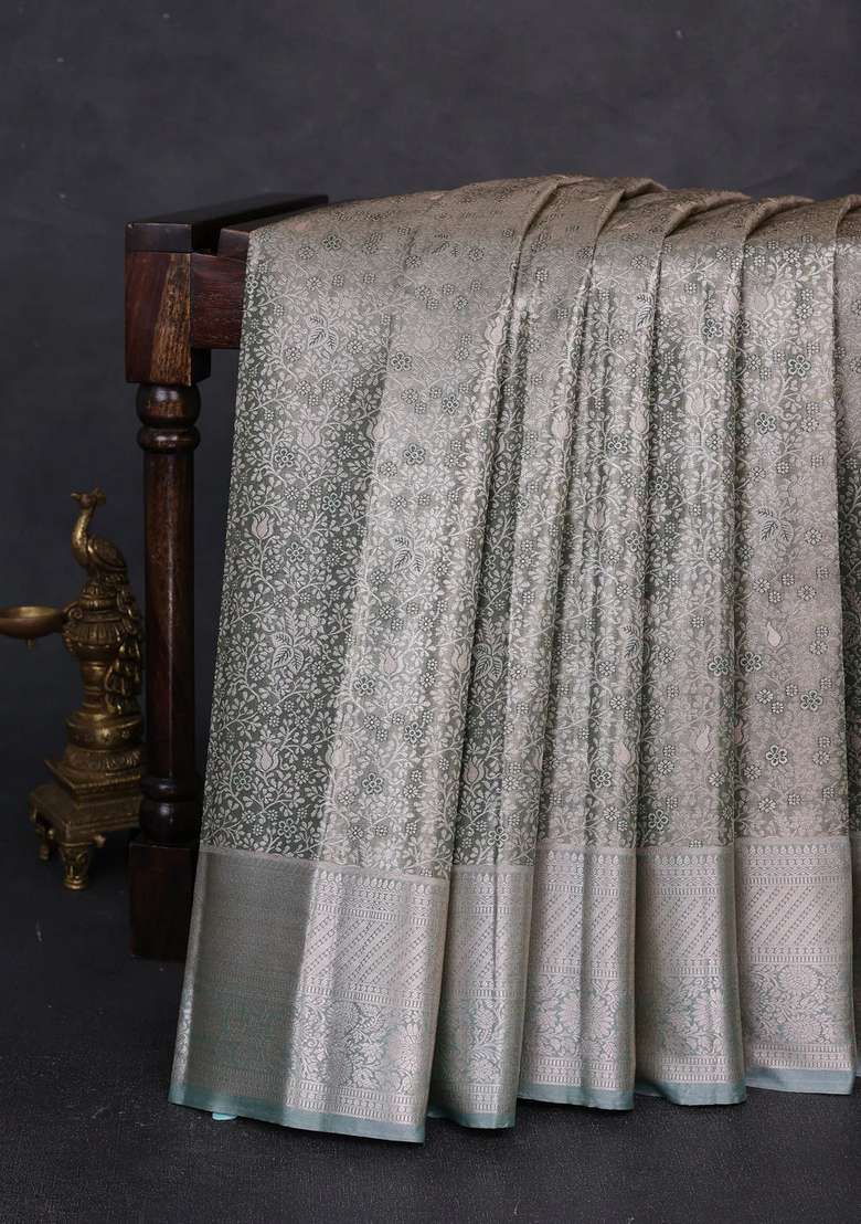 Bangalori Tissue Silk Saree Pastel Green With Allover Zari Woven Brocade Weaves And Long Zari Woven Border With Buttas And Brocade Design For Women - Indya