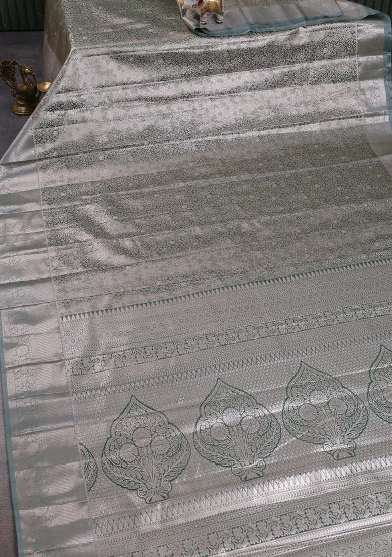 Bangalori Tissue Silk Saree Pastel Green With Allover Zari Woven Brocade Weaves And Long Zari Woven Border With Buttas And Brocade Design For Women - Indya