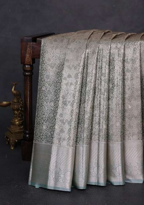 Bangalori Tissue Silk Saree Pastel Green With Allover Zari Woven Brocade Weaves And Long Zari Woven Border With Buttas And Brocade Design For Women