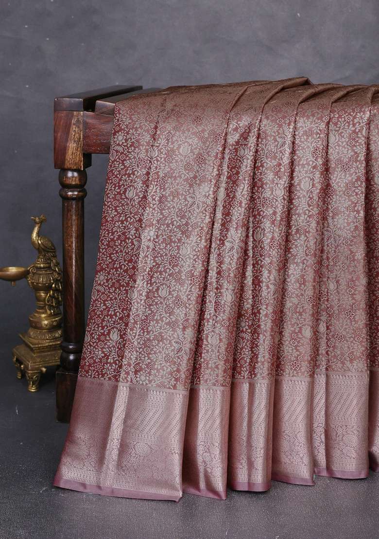 Bangalori Tissue Silk Saree Maroon With Allover Zari Woven Brocade Weaves And Zari Woven Border With Buttas And Brocade Design For Women - Indya