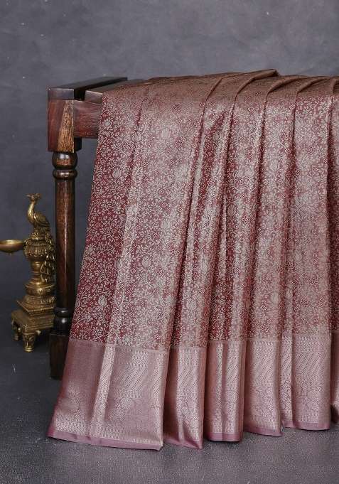 Bangalori Tissue Silk Saree Maroon With Allover Zari Woven Brocade Weaves And Zari Woven Border With Buttas And Brocade Design For Women