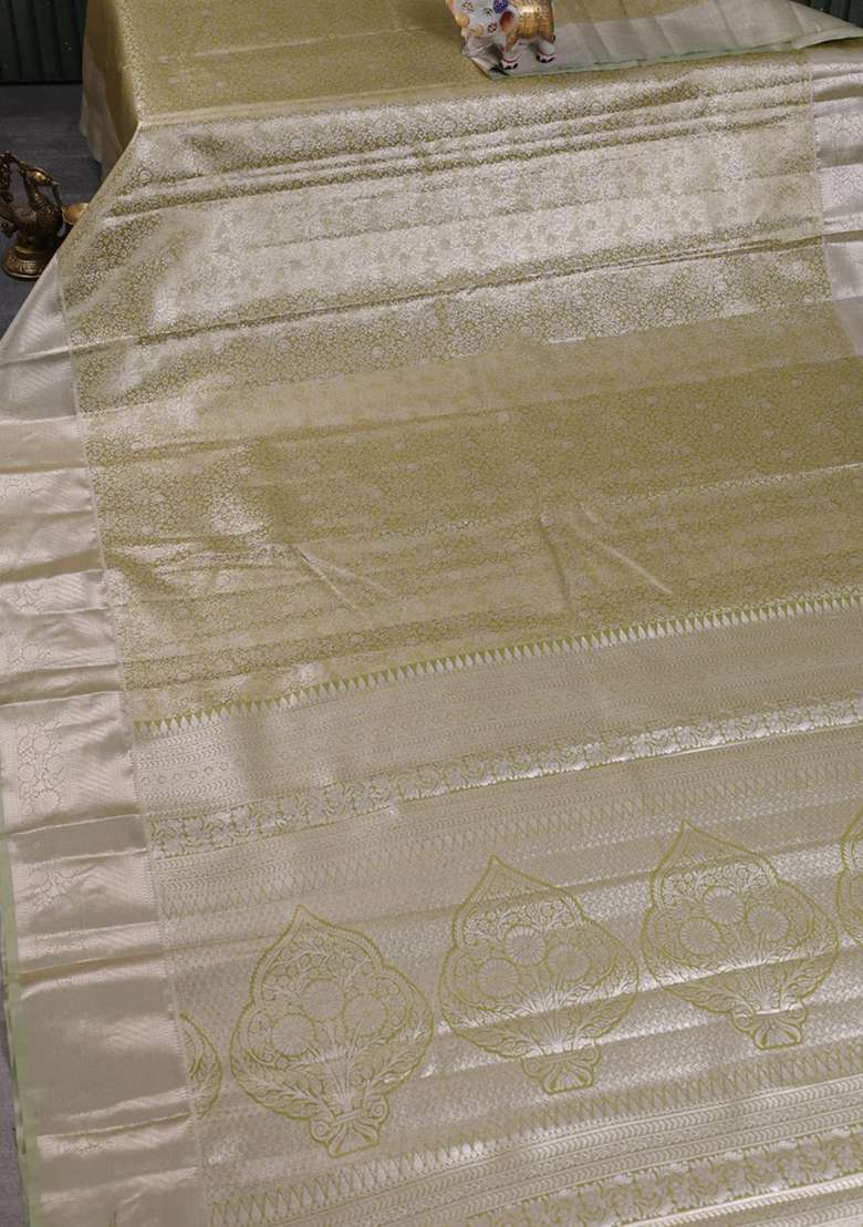 Bangalori Tissue Silk Saree Mehendi Green With Allover Zari Woven Brocade Weaves And Long Zari Woven Border With Buttas And Brocade Design For Women - Indya
