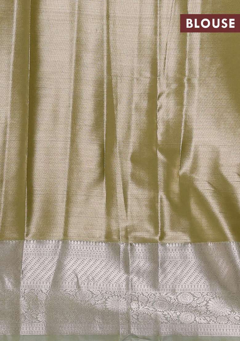 Bangalori Tissue Silk Saree Mehendi Green With Allover Zari Woven Brocade Weaves And Long Zari Woven Border With Buttas And Brocade Design For Women - Indya