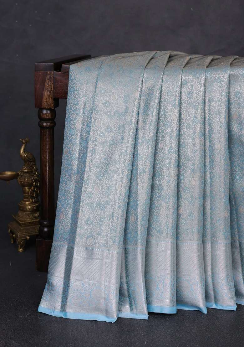 Bangalori Tissue Silk Saree Blue With Allover Zari Woven Brocade Weaves And Zari Woven Border With Buttas And Brocade Design For Women - Indya