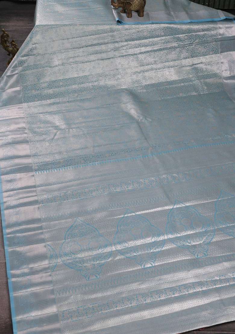 Bangalori Tissue Silk Saree Blue With Allover Zari Woven Brocade Weaves And Zari Woven Border With Buttas And Brocade Design For Women - Indya