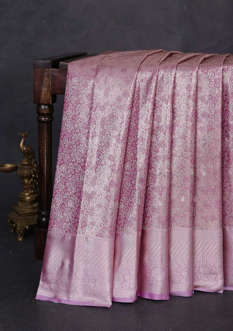 Bangalori Tissue Silk Saree Purple Shade With Allover Zari Woven Brocade Weaves And Zari Woven Border With Buttas And Brocade Design For Women - Indya