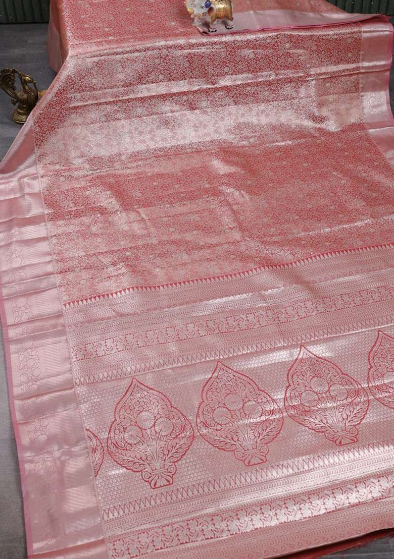 Bangalori Tissue Silk Saree Red With Allover Zari Woven Brocade Weaves And Zari Woven Border With Buttas And Brocade Design For Women - Indya