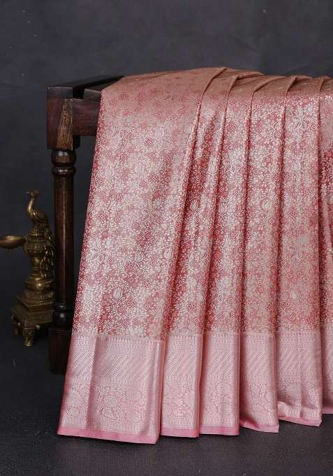 Bangalori Tissue Silk Saree Red With Allover Zari Woven Brocade Weaves And Zari Woven Border With Buttas And Brocade Design For Women
