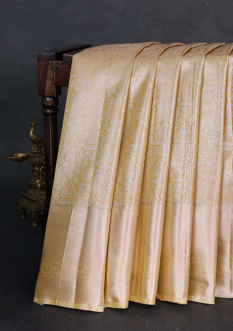 Bangalori Tissue Silk Saree Mustard Yellow And Pale Yellow With Allover Zari Woven Brocade Weaves And Long With Buttas And Brocade Design For Women - Indya