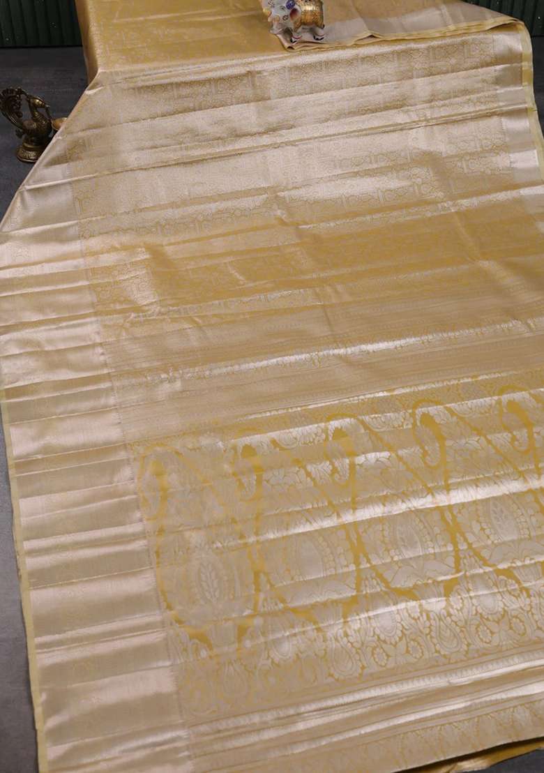 Bangalori Tissue Silk Saree Mustard Yellow And Pale Yellow With Allover Zari Woven Brocade Weaves And Long With Buttas And Brocade Design For Women - Indya