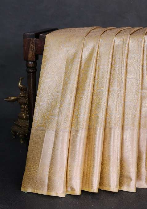 Bangalori Tissue Silk Saree Mustard Yellow And Pale Yellow With Allover Zari Woven Brocade Weaves And Long With Buttas And Brocade Design For Women