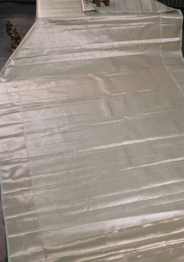 Bangalori Tissue Silk Saree Pista Green With Allover Zari Woven Brocade Weaves And Long Zari Woven Border With Buttas And Brocade Design For Women - Indya