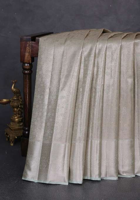 Bangalori Tissue Silk Saree Pista Green With Allover Zari Woven Brocade Weaves And Long Zari Woven Border With Buttas And Brocade Design For Women