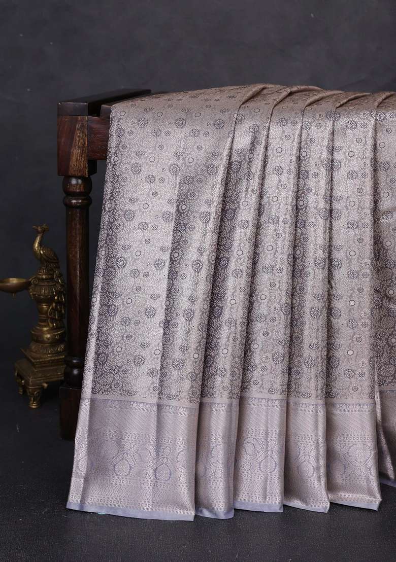 Bangalori Tissue Silk Saree Grey With Allover Zari Woven Brocade Weaves And Long Zari Woven Border With Buttas And Brocade Design For Women - Indya