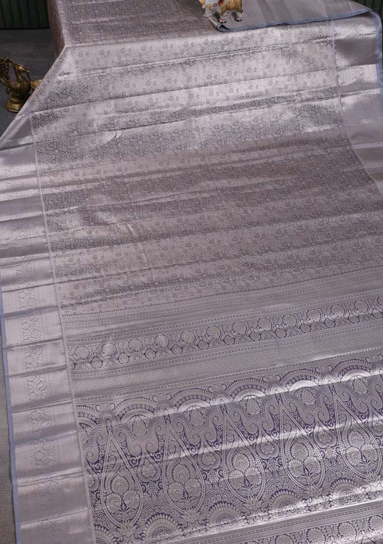Bangalori Tissue Silk Saree Grey With Allover Zari Woven Brocade Weaves And Long Zari Woven Border With Buttas And Brocade Design For Women - Indya