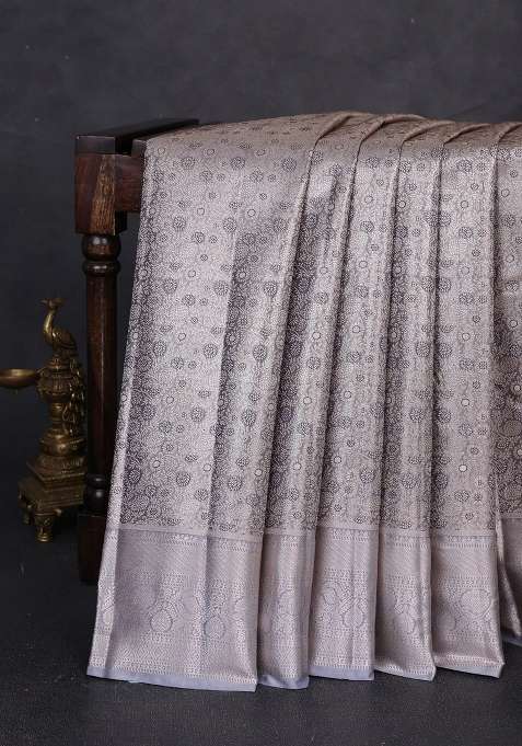 Bangalori Tissue Silk Saree Grey With Allover Zari Woven Brocade Weaves And Long Zari Woven Border With Buttas And Brocade Design For Women