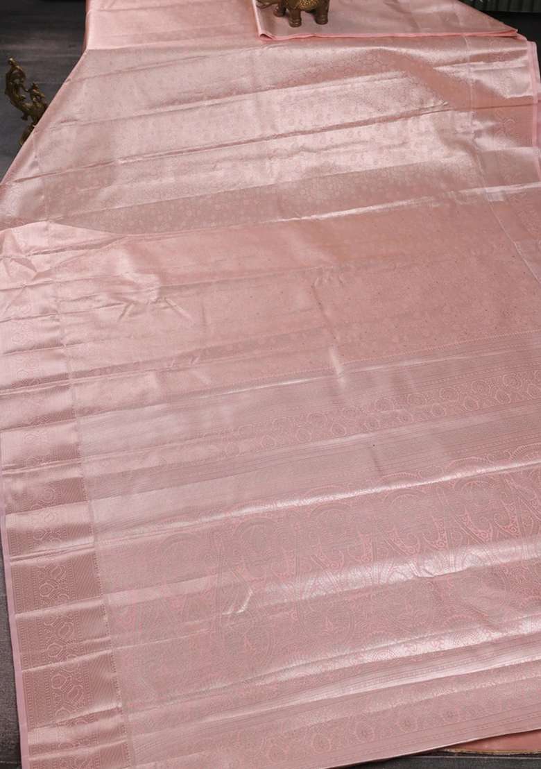 Bangalori Tissue Silk Saree Peach With Allover Zari Woven Brocade Weaves And Zari Woven Border With Buttas And Brocade Design For Women - Indya