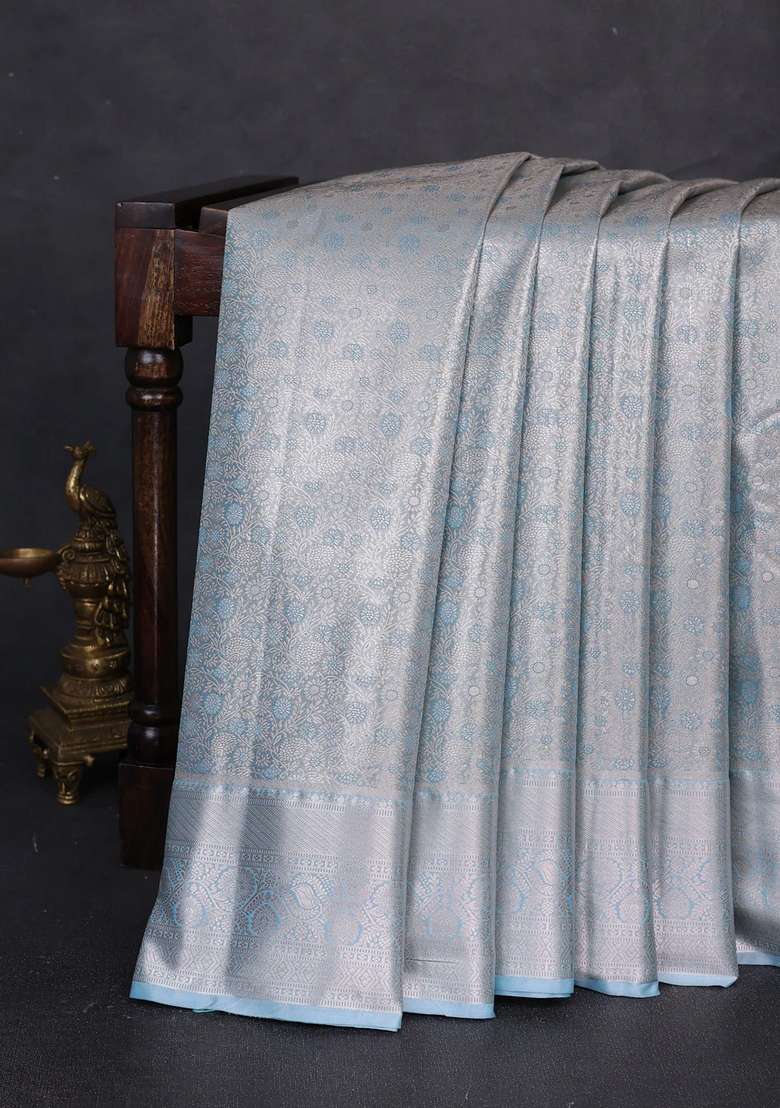 Bangalori Tissue Silk Saree Blue With Allover Zari Woven Brocade Weaves And Long Zari Woven Border With Buttas And Brocade Design For Women - Indya