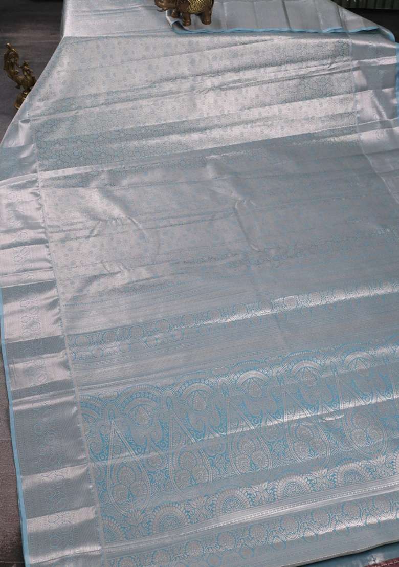 Bangalori Tissue Silk Saree Blue With Allover Zari Woven Brocade Weaves And Long Zari Woven Border With Buttas And Brocade Design For Women - Indya
