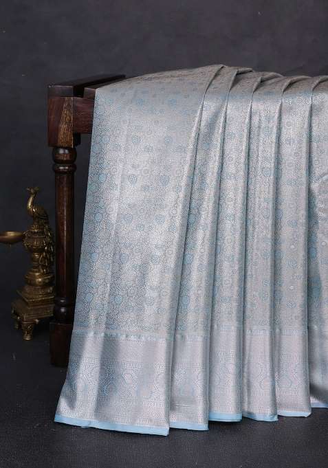 Bangalori Tissue Silk Saree Blue With Allover Zari Woven Brocade Weaves And Long Zari Woven Border With Buttas And Brocade Design For Women