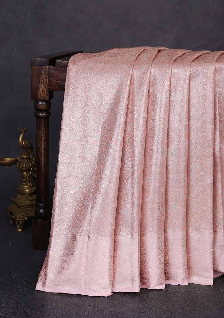 Bangalori Tissue Silk Saree Peach With Allover Zari Woven Brocade Weaves And Zari Woven Border With Buttas And Brocade Design For Women - Indya