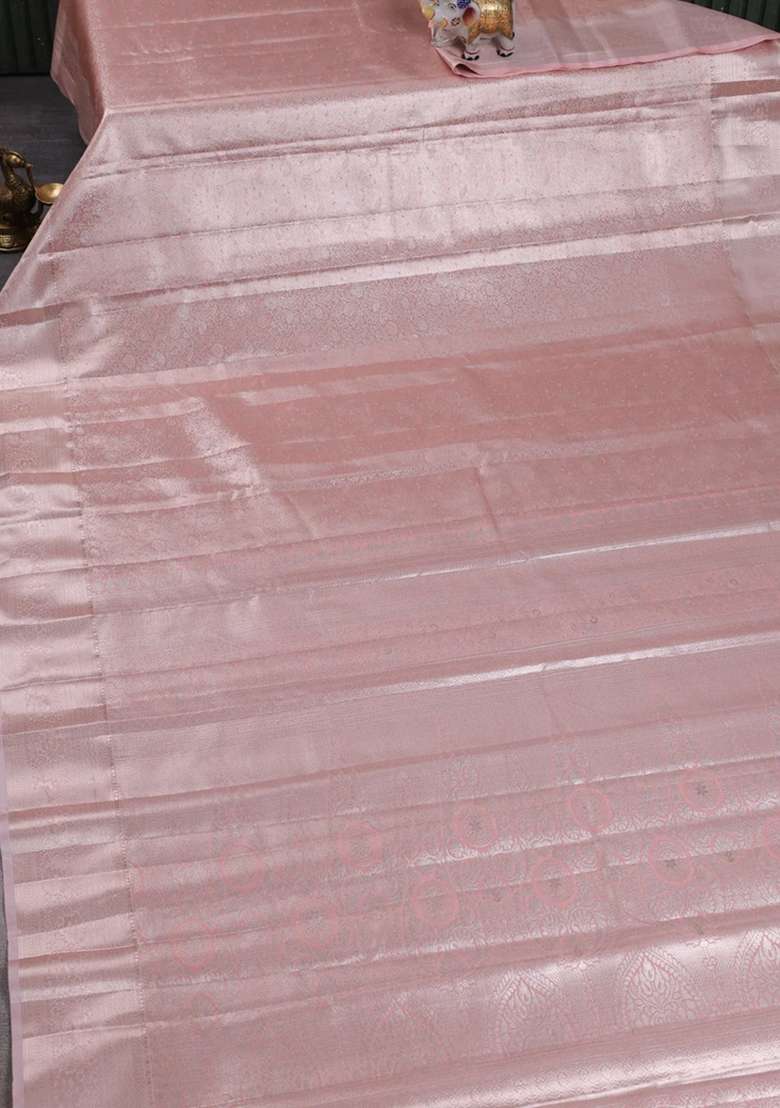 Bangalori Tissue Silk Saree Peach With Allover Zari Woven Brocade Weaves And Zari Woven Border With Buttas And Brocade Design For Women - Indya