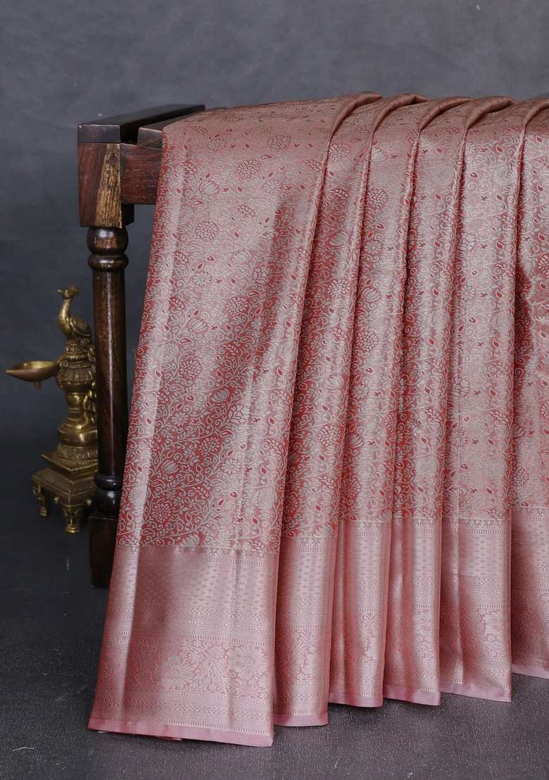 Bangalori Tissue Silk Saree Red With Allover Zari Woven Brocade Weaves And Long Zari Woven Border With Buttas And Brocade Design For Women - Indya