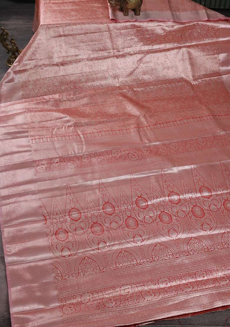 Bangalori Tissue Silk Saree Red With Allover Zari Woven Brocade Weaves And Long Zari Woven Border With Buttas And Brocade Design For Women - Indya