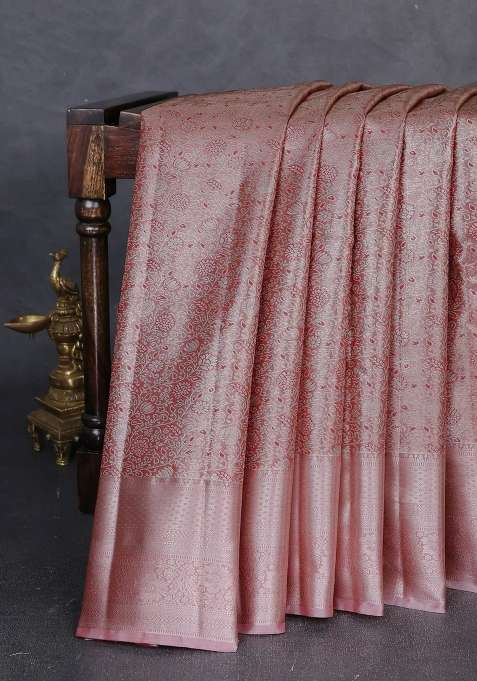 Bangalori Tissue Silk Saree Red With Allover Zari Woven Brocade Weaves And Long Zari Woven Border With Buttas And Brocade Design For Women