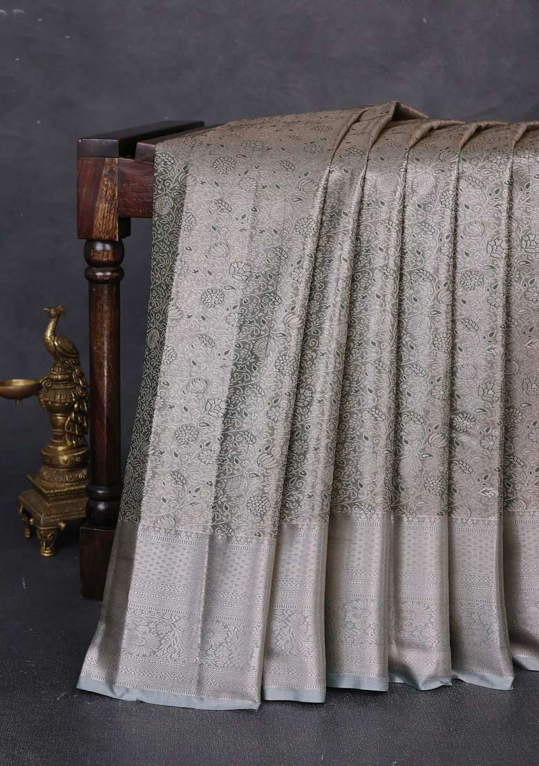 Bangalori Tissue Silk Saree Pastel Green With Allover Zari Woven Brocade Weaves And Long Zari Woven Border With Buttas And Brocade Design For Women - Indya
