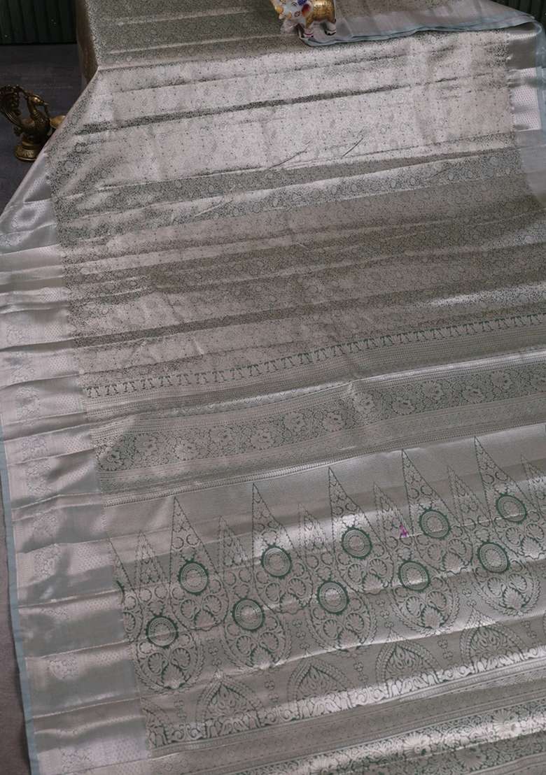 Bangalori Tissue Silk Saree Pastel Green With Allover Zari Woven Brocade Weaves And Long Zari Woven Border With Buttas And Brocade Design For Women - Indya