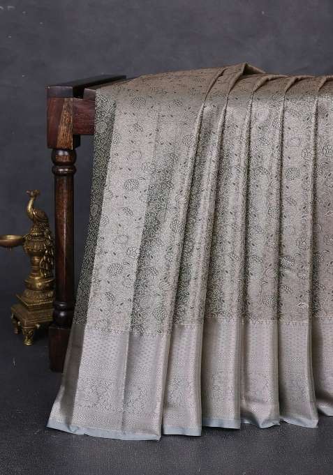 Bangalori Tissue Silk Saree Pastel Green With Allover Zari Woven Brocade Weaves And Long Zari Woven Border With Buttas And Brocade Design For Women