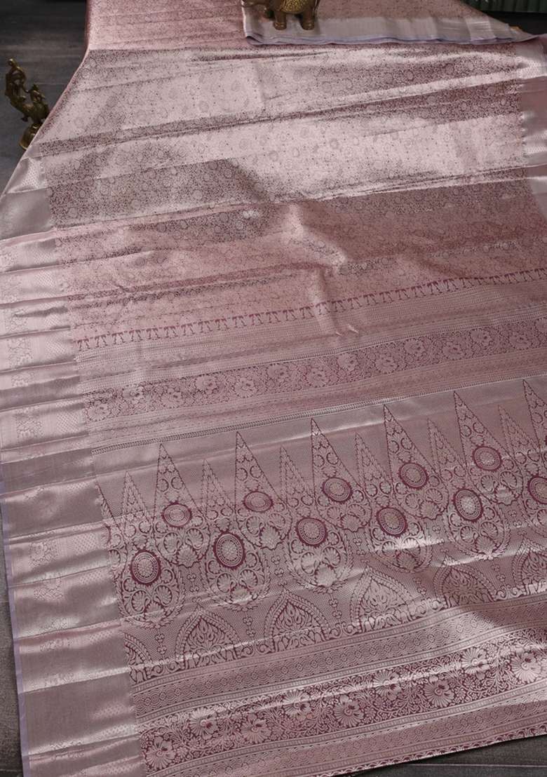 Bangalori Tissue Silk Saree Wine And Grey With Allover Zari Woven Brocade Weaves And Long Zari Woven Border With Buttas And Brocade Design For Women - Indya