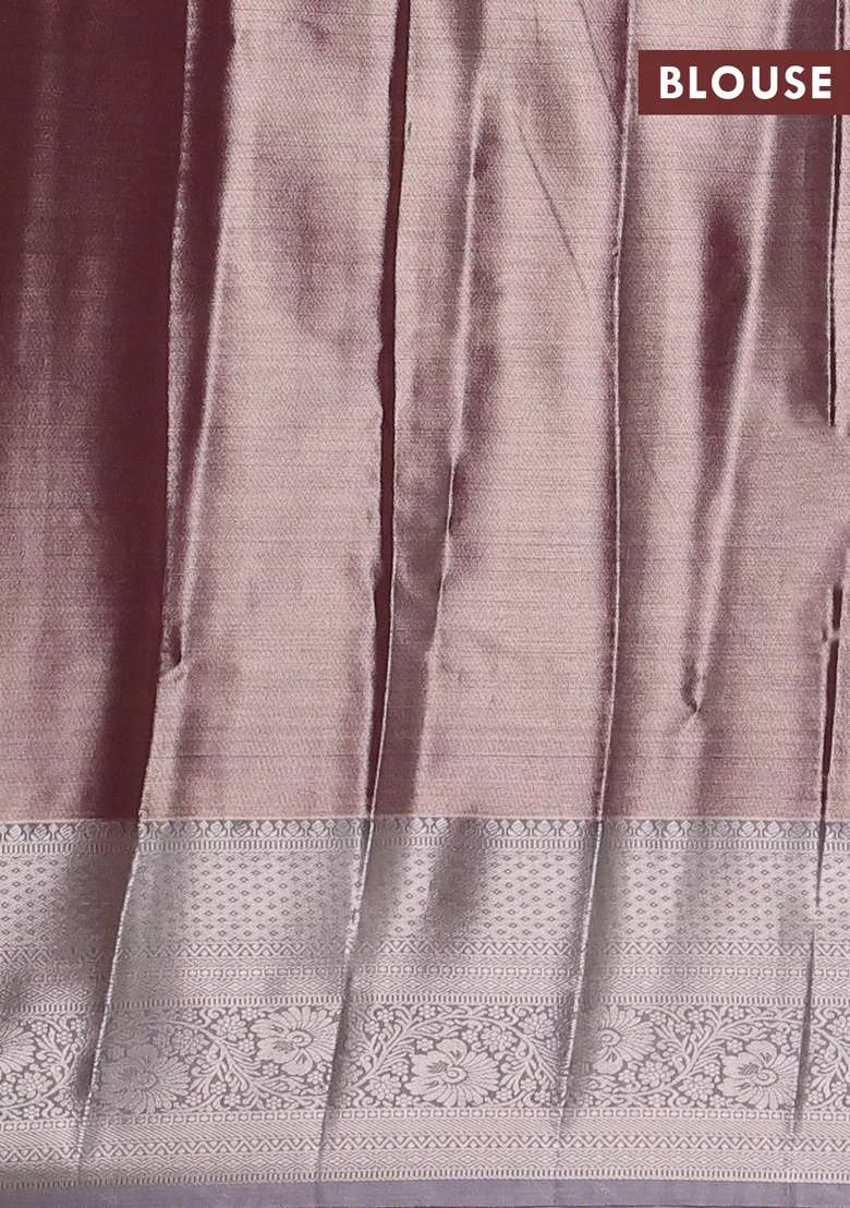 Bangalori Tissue Silk Saree Wine And Grey With Allover Zari Woven Brocade Weaves And Long Zari Woven Border With Buttas And Brocade Design For Women - Indya
