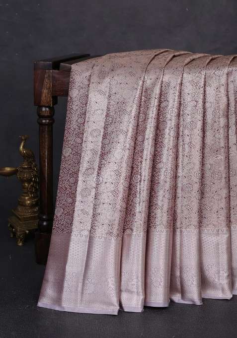 Bangalori Tissue Silk Saree Wine And Grey With Allover Zari Woven Brocade Weaves And Long Zari Woven Border With Buttas And Brocade Design For Women