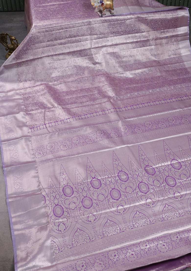 Bangalori Tissue Silk Saree Pastel Violet With Allover Zari Woven Brocade Weaves And Long Zari Woven Border With Buttas And Brocade Design For Women - Indya
