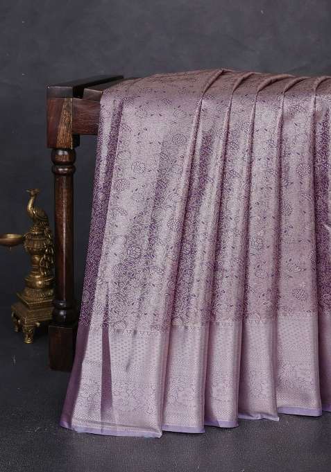 Bangalori Tissue Silk Saree Pastel Violet With Allover Zari Woven Brocade Weaves And Long Zari Woven Border With Buttas And Brocade Design For Women