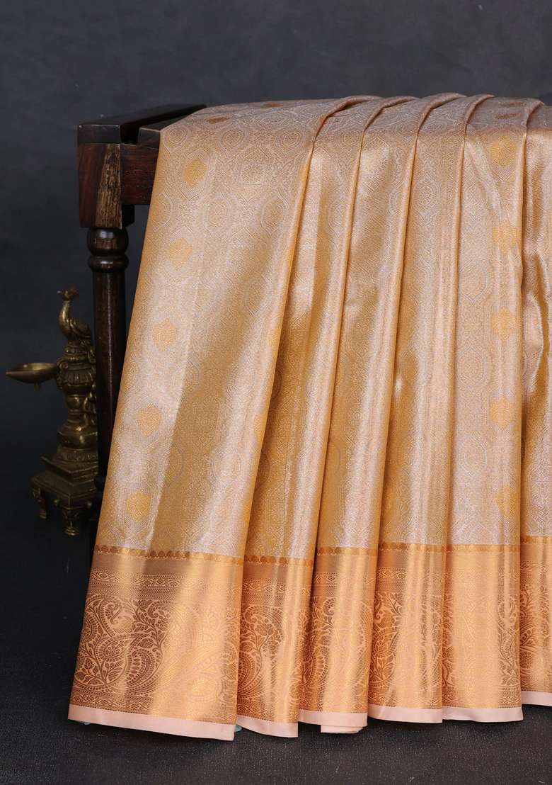 Bangalori Tissue Silk Saree Pale Orange With Allover Zari Woven Brocade Weaves And Zari Woven Border With Buttas And Brocade Design For Women - Indya