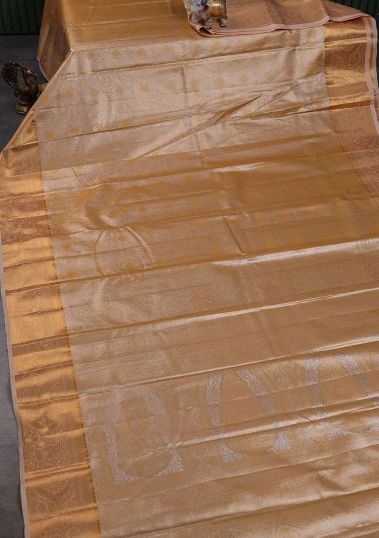 Bangalori Tissue Silk Saree Pale Orange With Allover Zari Woven Brocade Weaves And Zari Woven Border With Buttas And Brocade Design For Women - Indya