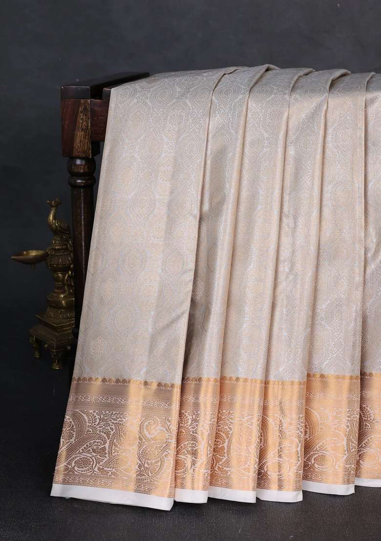 Bangalori Tissue Silk Saree Grey And Off White With Allover Zari Woven Brocade Weaves And Zari Woven Border With Buttas And Brocade Design For Women - Indya