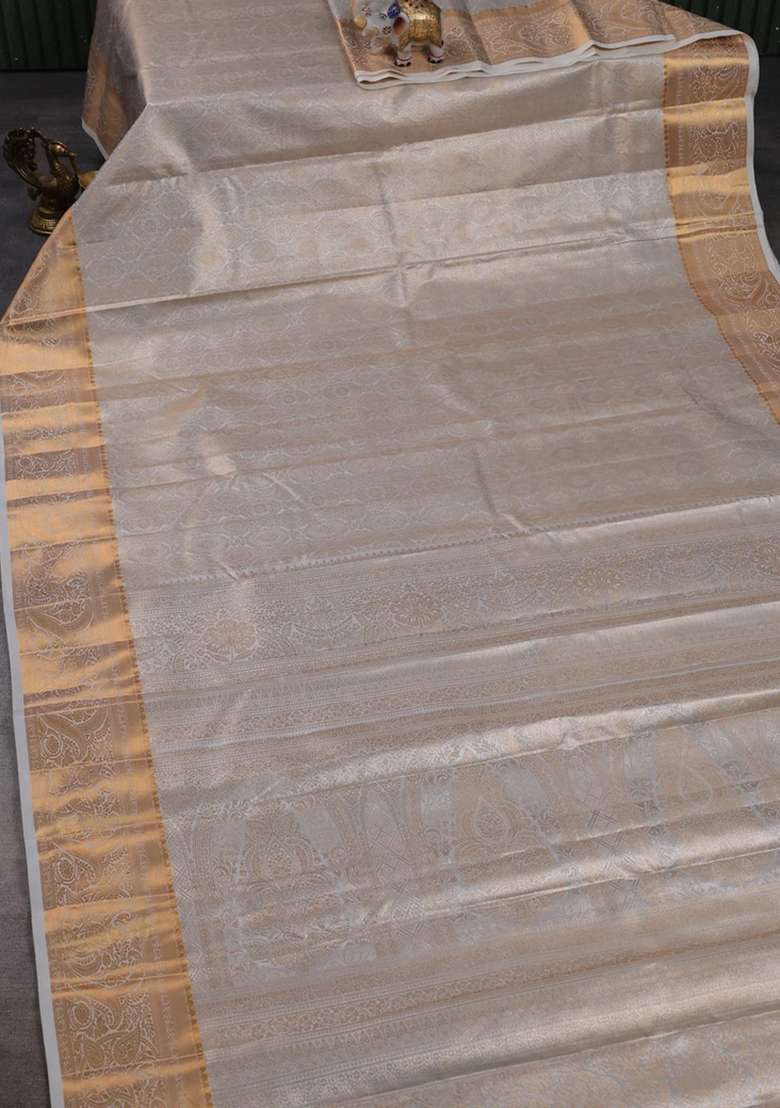 Bangalori Tissue Silk Saree Grey And Off White With Allover Zari Woven Brocade Weaves And Zari Woven Border With Buttas And Brocade Design For Women - Indya