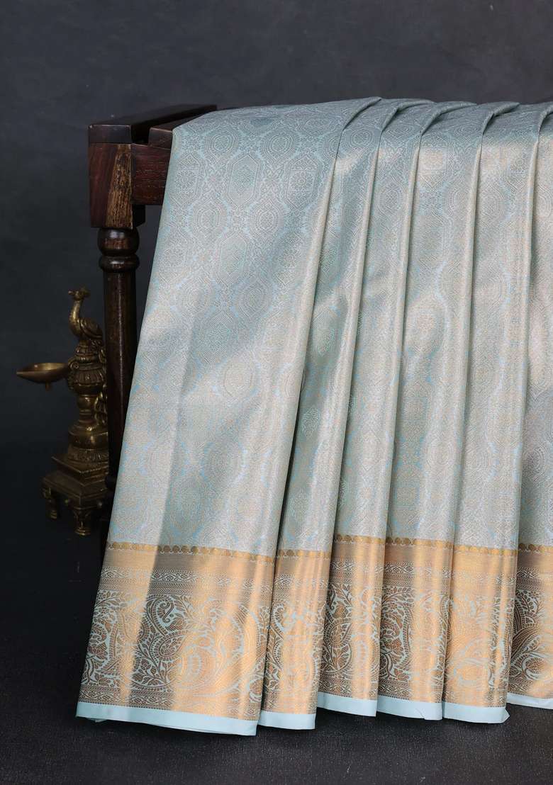 Bangalori Tissue Silk Saree Teal Green With Allover Zari Woven Brocade Weaves And Zari Woven Border With Buttas And Brocade Design For Women - Indya