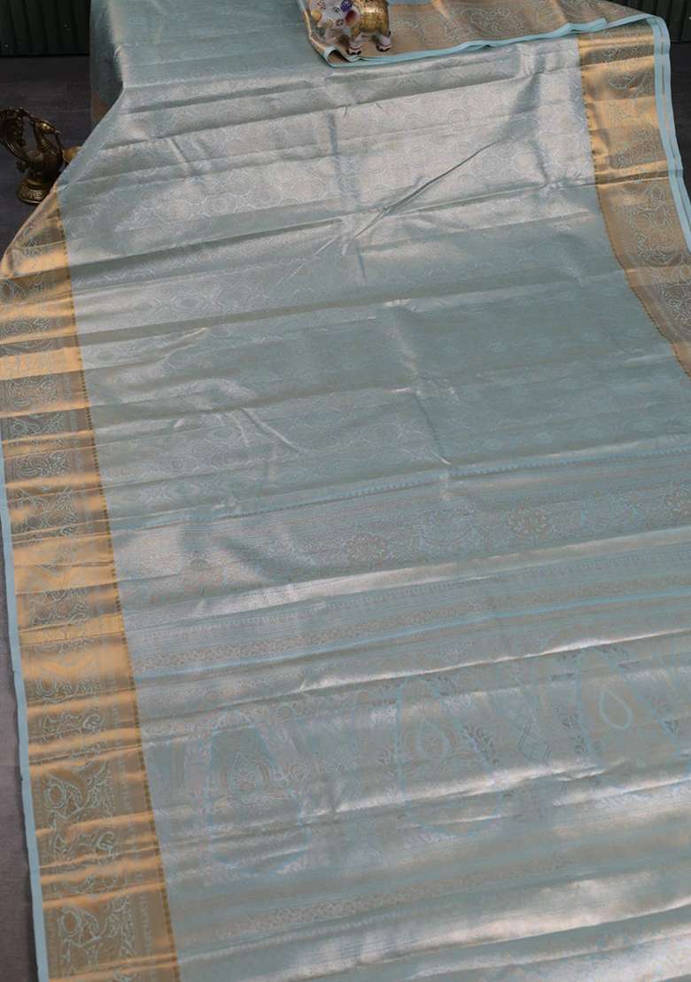 Bangalori Tissue Silk Saree Teal Green With Allover Zari Woven Brocade Weaves And Zari Woven Border With Buttas And Brocade Design For Women - Indya