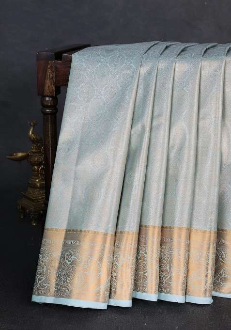Bangalori Tissue Silk Saree Teal Green With Allover Zari Woven Brocade Weaves And Zari Woven Border With Buttas And Brocade Design For Women