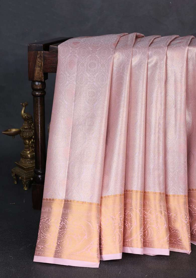 Bangalori Tissue Silk Saree Lotus Pink With Allover Zari Woven Brocade Weaves And Zari Woven Border With Buttas And Brocade Design For Women - Indya