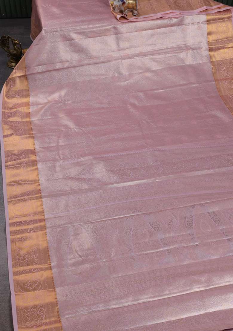 Bangalori Tissue Silk Saree Lotus Pink With Allover Zari Woven Brocade Weaves And Zari Woven Border With Buttas And Brocade Design For Women - Indya