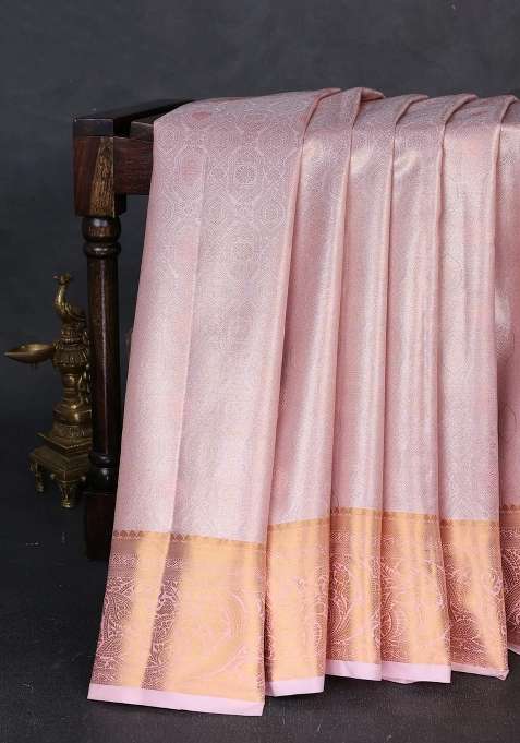 Bangalori Tissue Silk Saree Lotus Pink With Allover Zari Woven Brocade Weaves And Zari Woven Border With Buttas And Brocade Design For Women