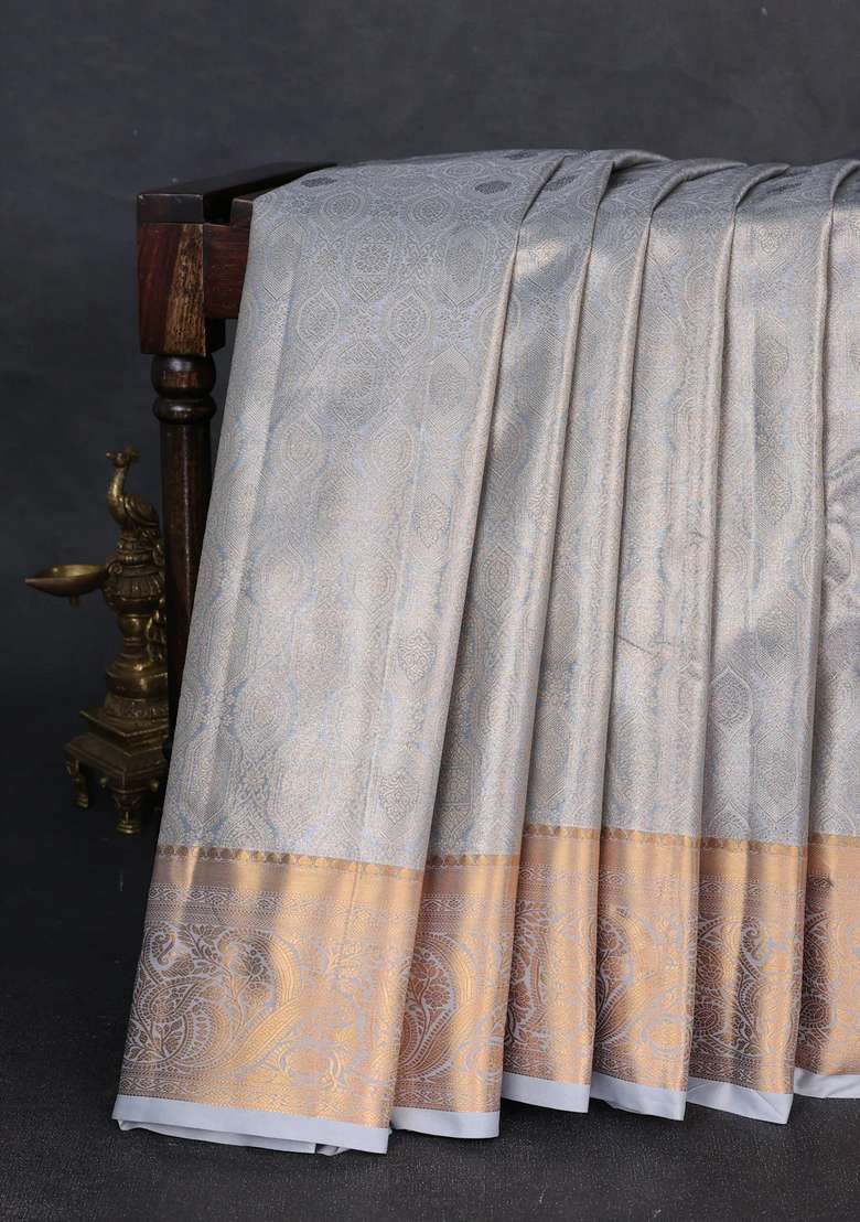 Bangalori Tissue Silk Saree Grey With Allover Zari Woven Brocade Weaves And Zari Woven Border With Buttas And Brocade Design For Women - Indya