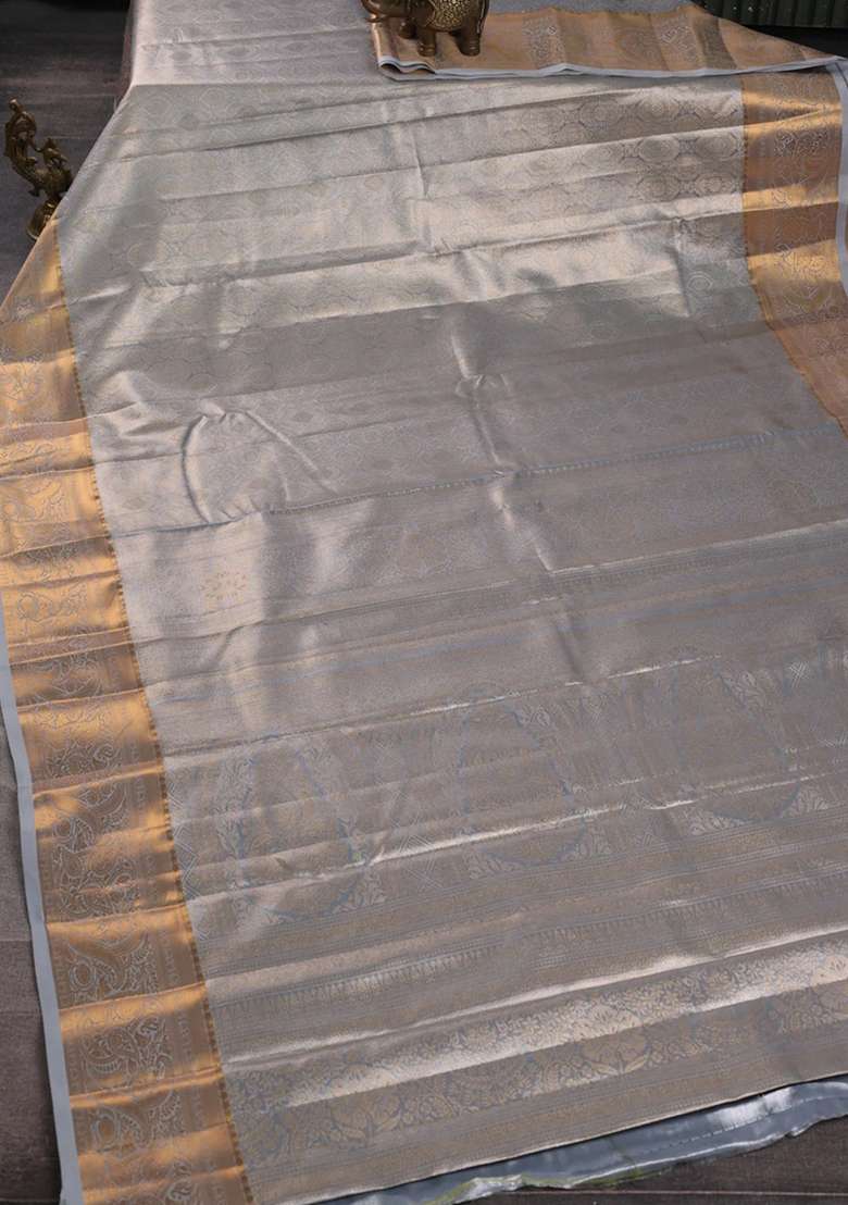 Bangalori Tissue Silk Saree Grey With Allover Zari Woven Brocade Weaves And Zari Woven Border With Buttas And Brocade Design For Women - Indya