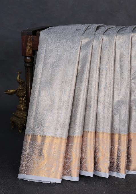Bangalori Tissue Silk Saree Grey With Allover Zari Woven Brocade Weaves And Zari Woven Border With Buttas And Brocade Design For Women